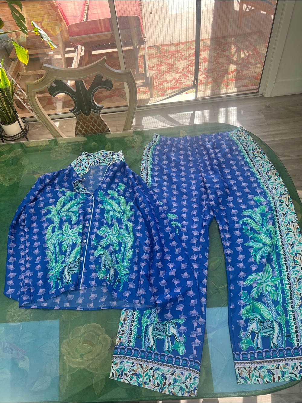 Lilly Pulitzer Blue & Green Tropical Print Pajama Set with Elephant Motif